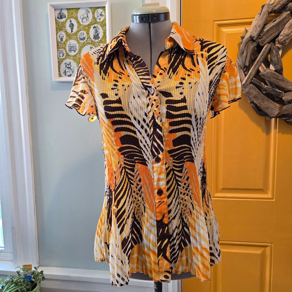 Vintage Y2K 90s Serenade Size Large Short Sleeve Button Down Orange Brown Shirt - Picture 1 of 4